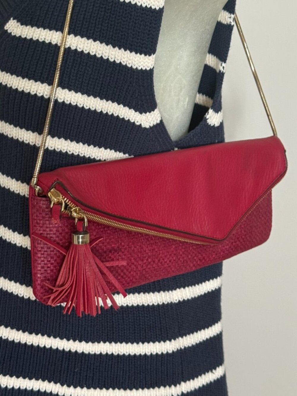 Henri Bendel Red Woven Leather Envelope Clutch Crossbody Gold Chain